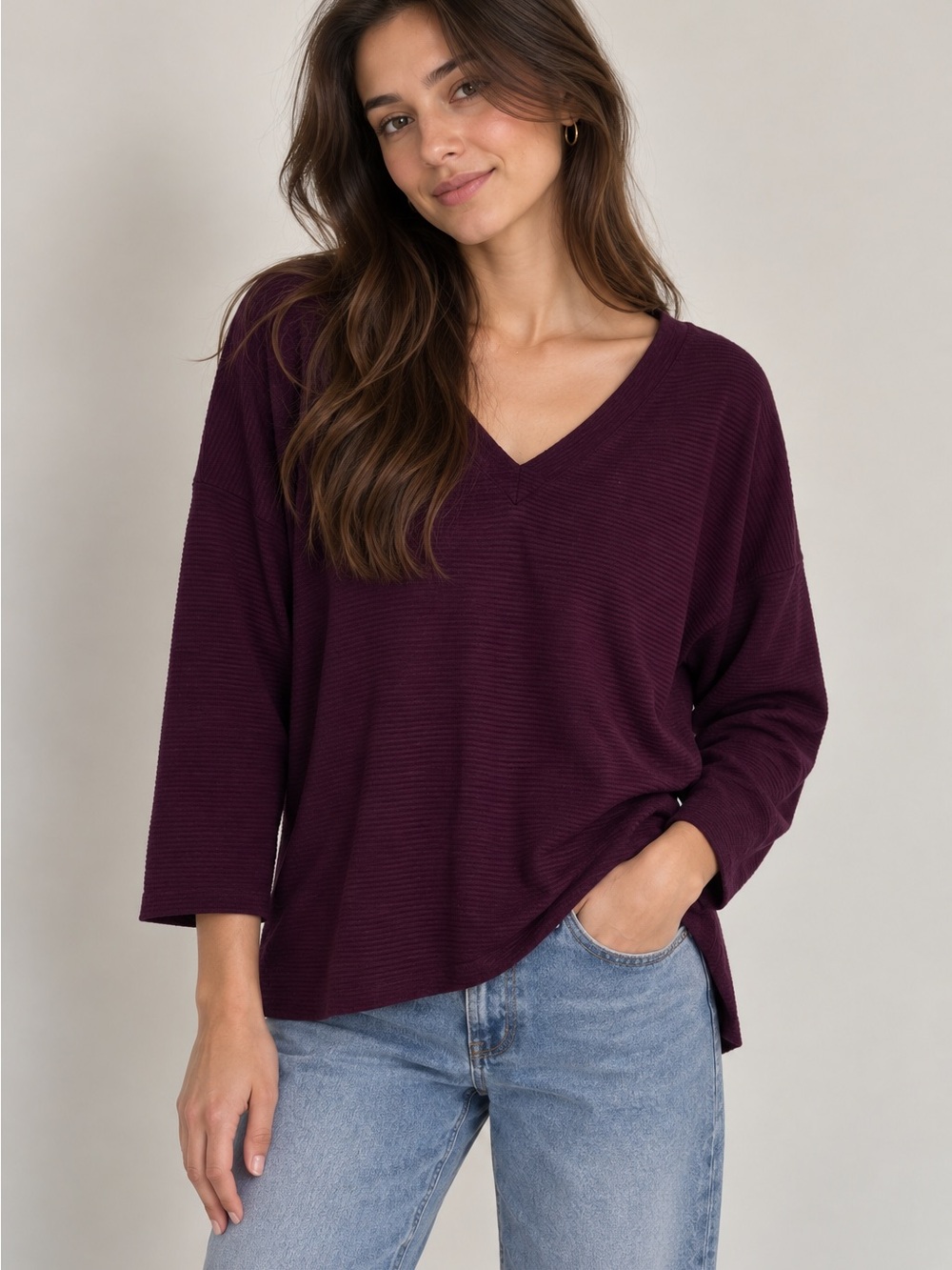 J.Jill Wearever V-Neck Ribbed Long-Sleeve Top in Deep Plum Size XL